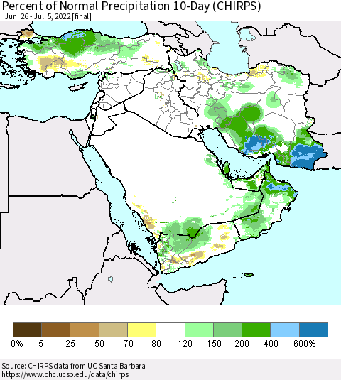 Middle East and Turkey Percent of Normal Precipitation 10-Day (CHIRPS) Thematic Map For 6/26/2022 - 7/5/2022