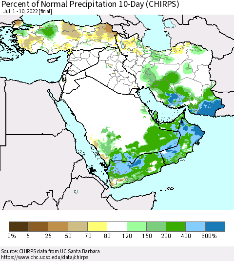Middle East and Turkey Percent of Normal Precipitation 10-Day (CHIRPS) Thematic Map For 7/1/2022 - 7/10/2022