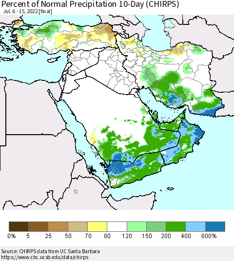 Middle East and Turkey Percent of Normal Precipitation 10-Day (CHIRPS) Thematic Map For 7/6/2022 - 7/15/2022