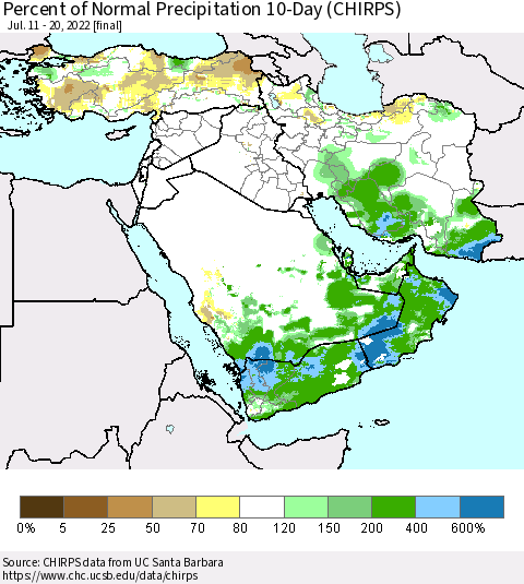Middle East and Turkey Percent of Normal Precipitation 10-Day (CHIRPS) Thematic Map For 7/11/2022 - 7/20/2022