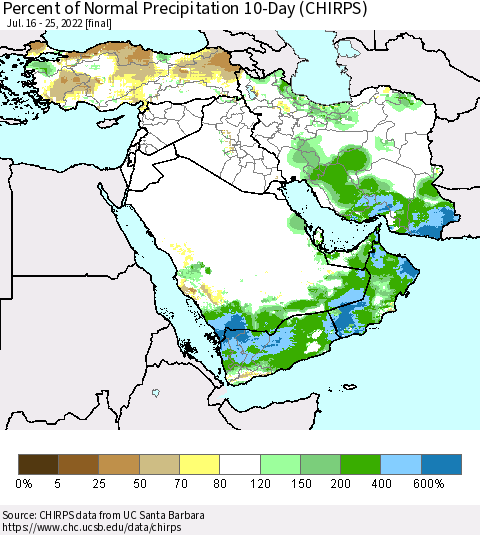 Middle East and Turkey Percent of Normal Precipitation 10-Day (CHIRPS) Thematic Map For 7/16/2022 - 7/25/2022