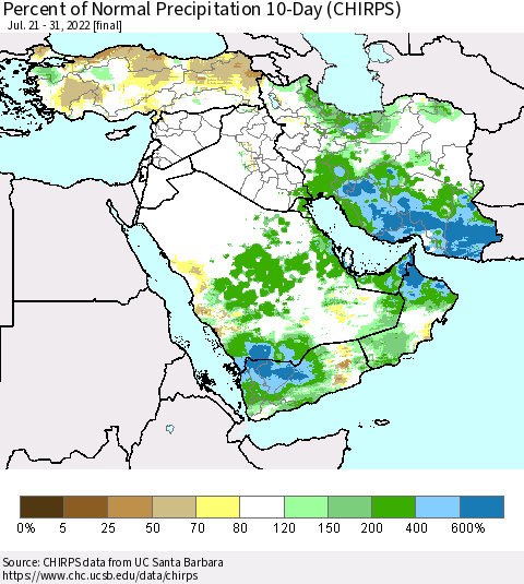 Middle East and Turkey Percent of Normal Precipitation 10-Day (CHIRPS) Thematic Map For 7/21/2022 - 7/31/2022
