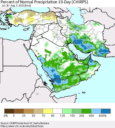 Middle East and Turkey Percent of Normal Precipitation 10-Day (CHIRPS) Thematic Map For 7/26/2022 - 8/5/2022