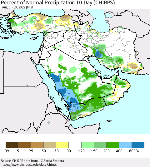 Middle East and Turkey Percent of Normal Precipitation 10-Day (CHIRPS) Thematic Map For 8/1/2022 - 8/10/2022