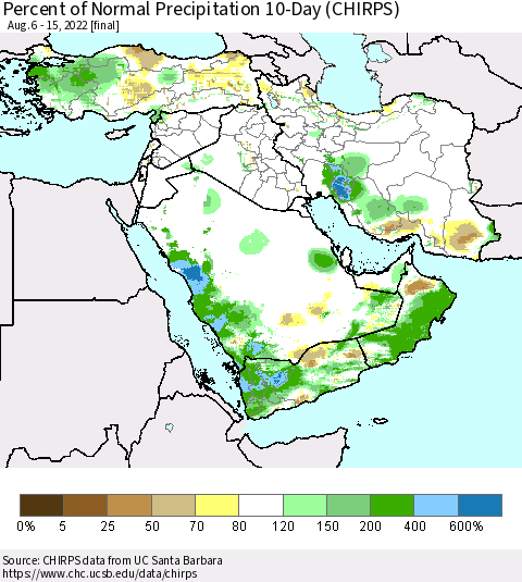 Middle East and Turkey Percent of Normal Precipitation 10-Day (CHIRPS) Thematic Map For 8/6/2022 - 8/15/2022
