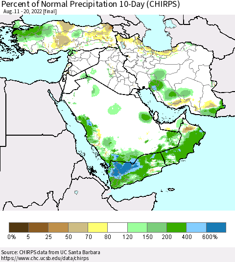 Middle East and Turkey Percent of Normal Precipitation 10-Day (CHIRPS) Thematic Map For 8/11/2022 - 8/20/2022