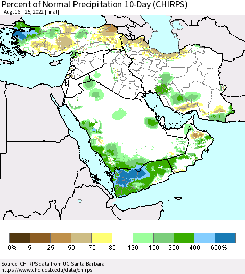 Middle East and Turkey Percent of Normal Precipitation 10-Day (CHIRPS) Thematic Map For 8/16/2022 - 8/25/2022