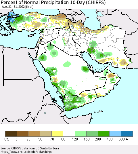 Middle East and Turkey Percent of Normal Precipitation 10-Day (CHIRPS) Thematic Map For 8/21/2022 - 8/31/2022