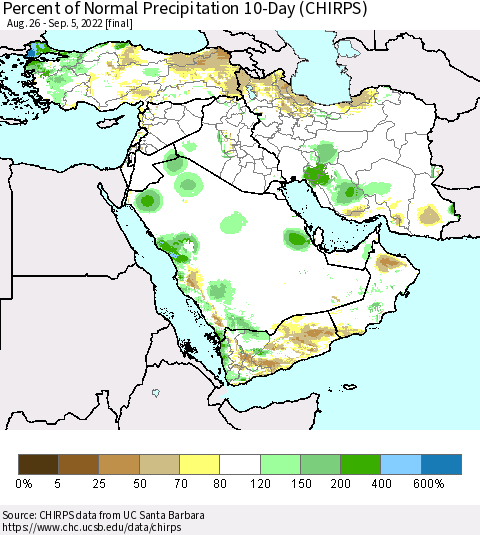 Middle East and Turkey Percent of Normal Precipitation 10-Day (CHIRPS) Thematic Map For 8/26/2022 - 9/5/2022