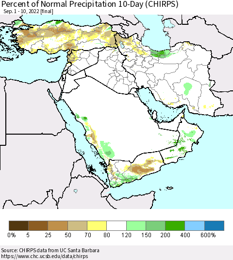 Middle East and Turkey Percent of Normal Precipitation 10-Day (CHIRPS) Thematic Map For 9/1/2022 - 9/10/2022