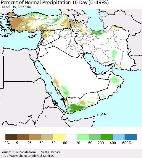 Middle East and Turkey Percent of Normal Precipitation 10-Day (CHIRPS) Thematic Map For 9/6/2022 - 9/15/2022