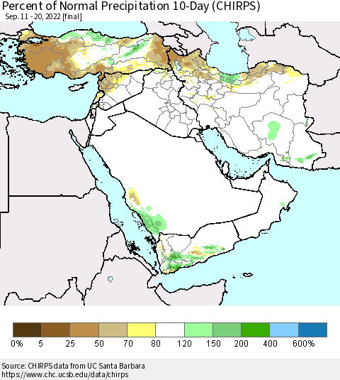 Middle East and Turkey Percent of Normal Precipitation 10-Day (CHIRPS) Thematic Map For 9/11/2022 - 9/20/2022