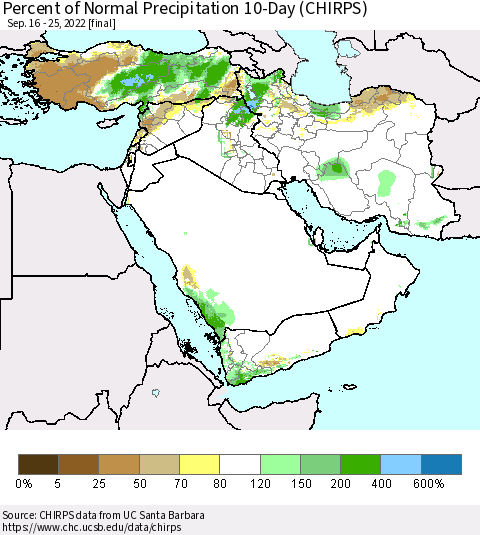 Middle East and Turkey Percent of Normal Precipitation 10-Day (CHIRPS) Thematic Map For 9/16/2022 - 9/25/2022
