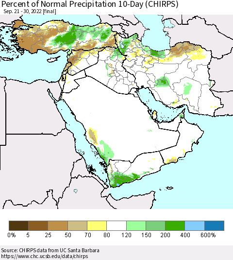 Middle East and Turkey Percent of Normal Precipitation 10-Day (CHIRPS) Thematic Map For 9/21/2022 - 9/30/2022