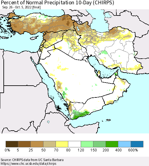 Middle East and Turkey Percent of Normal Precipitation 10-Day (CHIRPS) Thematic Map For 9/26/2022 - 10/5/2022