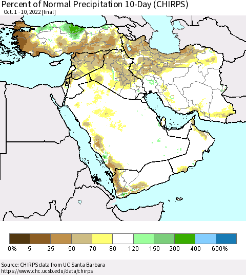 Middle East and Turkey Percent of Normal Precipitation 10-Day (CHIRPS) Thematic Map For 10/1/2022 - 10/10/2022