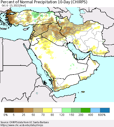 Middle East and Turkey Percent of Normal Precipitation 10-Day (CHIRPS) Thematic Map For 10/6/2022 - 10/15/2022