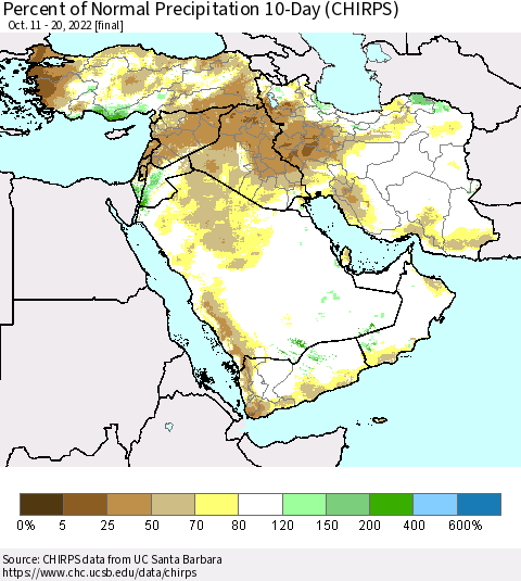Middle East and Turkey Percent of Normal Precipitation 10-Day (CHIRPS) Thematic Map For 10/11/2022 - 10/20/2022