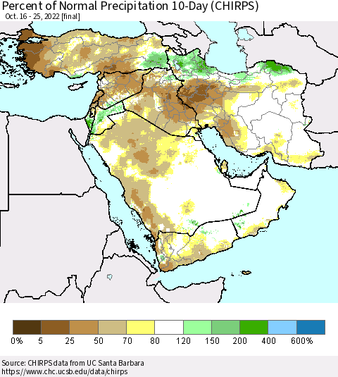 Middle East and Turkey Percent of Normal Precipitation 10-Day (CHIRPS) Thematic Map For 10/16/2022 - 10/25/2022
