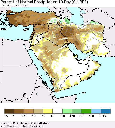 Middle East and Turkey Percent of Normal Precipitation 10-Day (CHIRPS) Thematic Map For 10/21/2022 - 10/31/2022