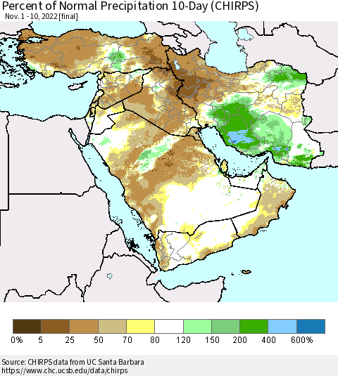 Middle East and Turkey Percent of Normal Precipitation 10-Day (CHIRPS) Thematic Map For 11/1/2022 - 11/10/2022