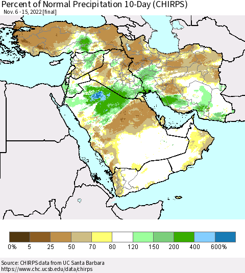 Middle East and Turkey Percent of Normal Precipitation 10-Day (CHIRPS) Thematic Map For 11/6/2022 - 11/15/2022
