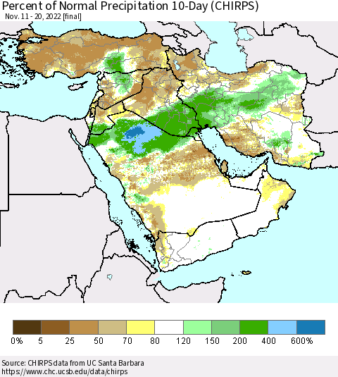 Middle East and Turkey Percent of Normal Precipitation 10-Day (CHIRPS) Thematic Map For 11/11/2022 - 11/20/2022