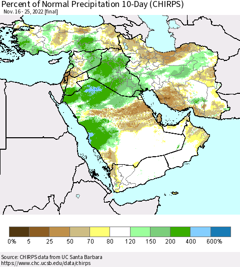 Middle East and Turkey Percent of Normal Precipitation 10-Day (CHIRPS) Thematic Map For 11/16/2022 - 11/25/2022