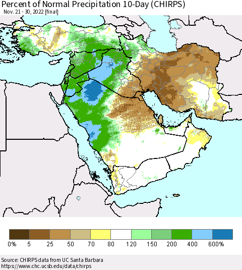 Middle East and Turkey Percent of Normal Precipitation 10-Day (CHIRPS) Thematic Map For 11/21/2022 - 11/30/2022