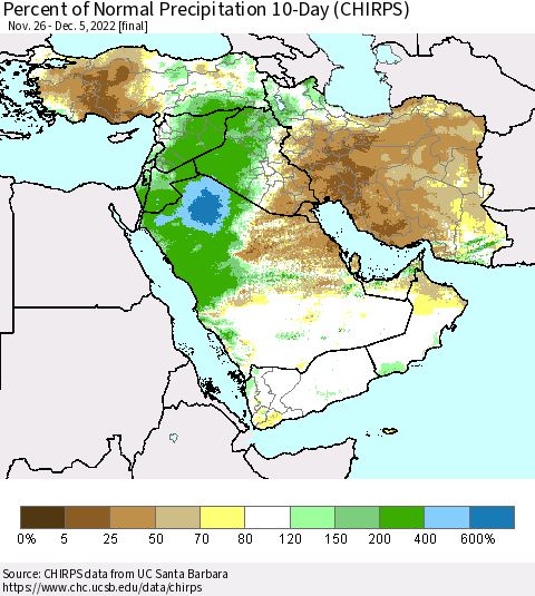 Middle East and Turkey Percent of Normal Precipitation 10-Day (CHIRPS) Thematic Map For 11/26/2022 - 12/5/2022