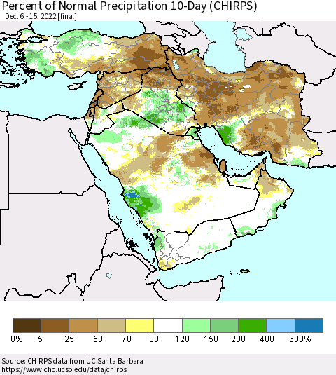 Middle East and Turkey Percent of Normal Precipitation 10-Day (CHIRPS) Thematic Map For 12/6/2022 - 12/15/2022