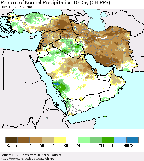 Middle East and Turkey Percent of Normal Precipitation 10-Day (CHIRPS) Thematic Map For 12/11/2022 - 12/20/2022