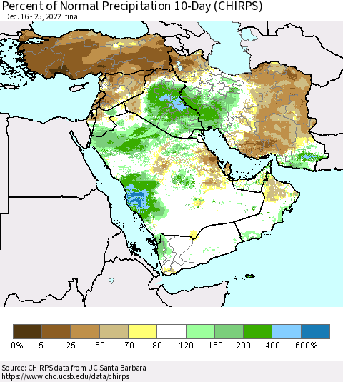 Middle East and Turkey Percent of Normal Precipitation 10-Day (CHIRPS) Thematic Map For 12/16/2022 - 12/25/2022