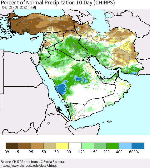 Middle East and Turkey Percent of Normal Precipitation 10-Day (CHIRPS) Thematic Map For 12/21/2022 - 12/31/2022