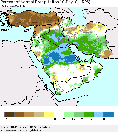 Middle East and Turkey Percent of Normal Precipitation 10-Day (CHIRPS) Thematic Map For 1/1/2023 - 1/10/2023