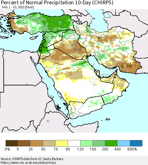 Middle East and Turkey Percent of Normal Precipitation 10-Day (CHIRPS) Thematic Map For 2/1/2023 - 2/10/2023