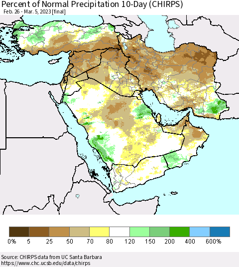 Middle East and Turkey Percent of Normal Precipitation 10-Day (CHIRPS) Thematic Map For 2/26/2023 - 3/5/2023