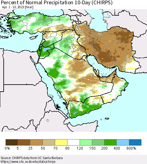 Middle East and Turkey Percent of Normal Precipitation 10-Day (CHIRPS) Thematic Map For 4/1/2023 - 4/10/2023