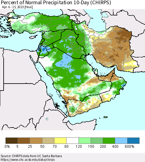 Middle East and Turkey Percent of Normal Precipitation 10-Day (CHIRPS) Thematic Map For 4/6/2023 - 4/15/2023