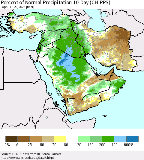 Middle East and Turkey Percent of Normal Precipitation 10-Day (CHIRPS) Thematic Map For 4/11/2023 - 4/20/2023