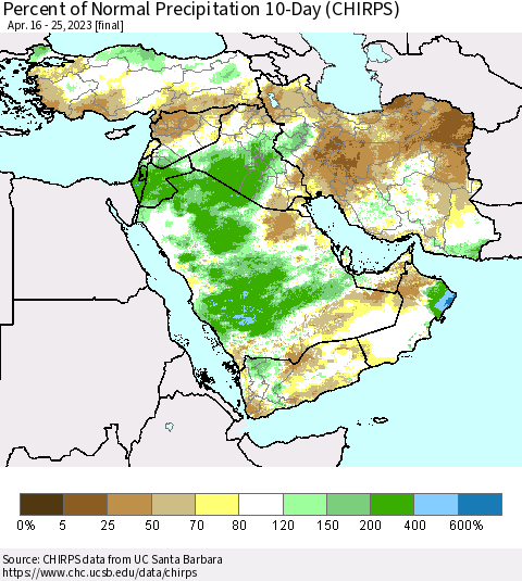 Middle East and Turkey Percent of Normal Precipitation 10-Day (CHIRPS) Thematic Map For 4/16/2023 - 4/25/2023