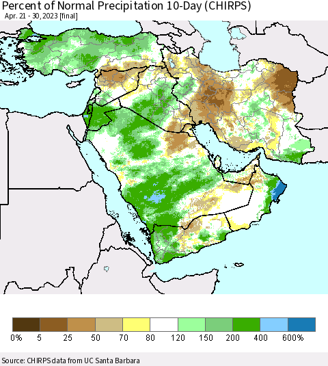 Middle East and Turkey Percent of Normal Precipitation 10-Day (CHIRPS) Thematic Map For 4/21/2023 - 4/30/2023