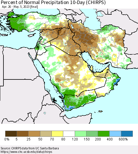 Middle East and Turkey Percent of Normal Precipitation 10-Day (CHIRPS) Thematic Map For 4/26/2023 - 5/5/2023