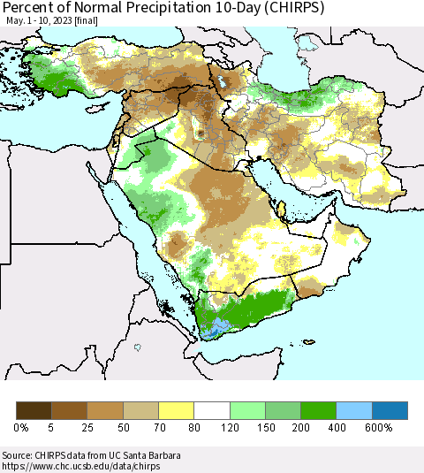 Middle East and Turkey Percent of Normal Precipitation 10-Day (CHIRPS) Thematic Map For 5/1/2023 - 5/10/2023