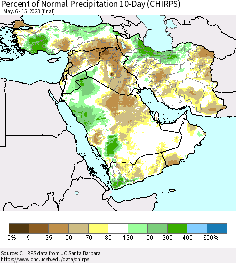 Middle East and Turkey Percent of Normal Precipitation 10-Day (CHIRPS) Thematic Map For 5/6/2023 - 5/15/2023