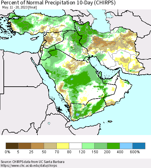 Middle East and Turkey Percent of Normal Precipitation 10-Day (CHIRPS) Thematic Map For 5/11/2023 - 5/20/2023