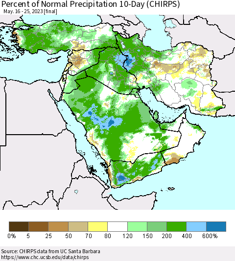 Middle East and Turkey Percent of Normal Precipitation 10-Day (CHIRPS) Thematic Map For 5/16/2023 - 5/25/2023