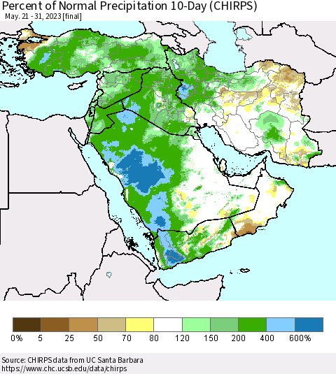 Middle East and Turkey Percent of Normal Precipitation 10-Day (CHIRPS) Thematic Map For 5/21/2023 - 5/31/2023