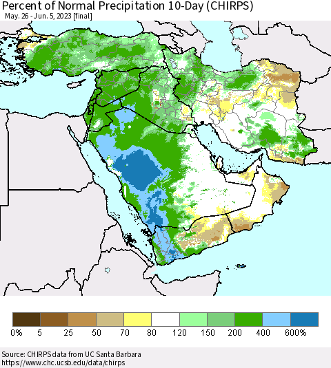 Middle East and Turkey Percent of Normal Precipitation 10-Day (CHIRPS) Thematic Map For 5/26/2023 - 6/5/2023
