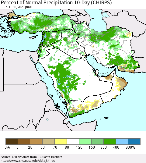 Middle East and Turkey Percent of Normal Precipitation 10-Day (CHIRPS) Thematic Map For 6/1/2023 - 6/10/2023